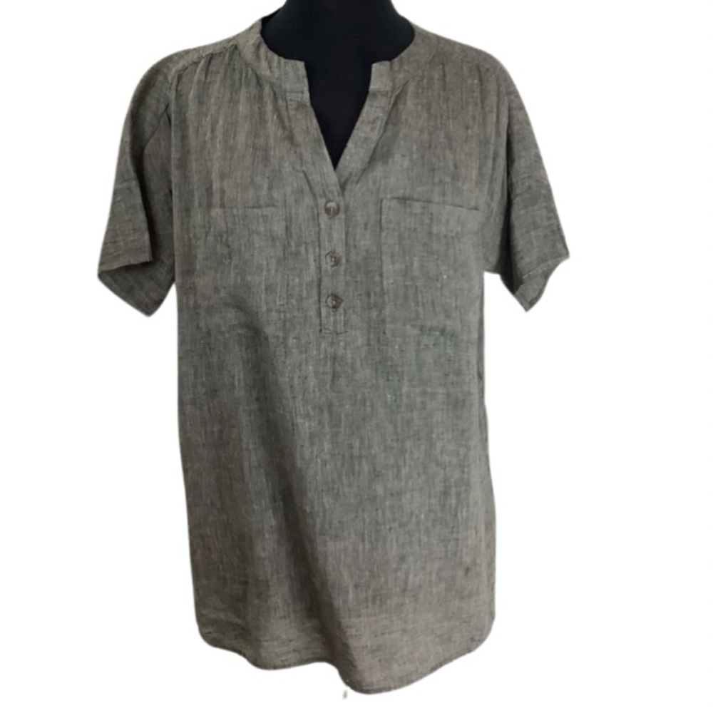 Andrea Jovine Linen Black Cream Pocket Blouse Size Large - Picture 2 of 12